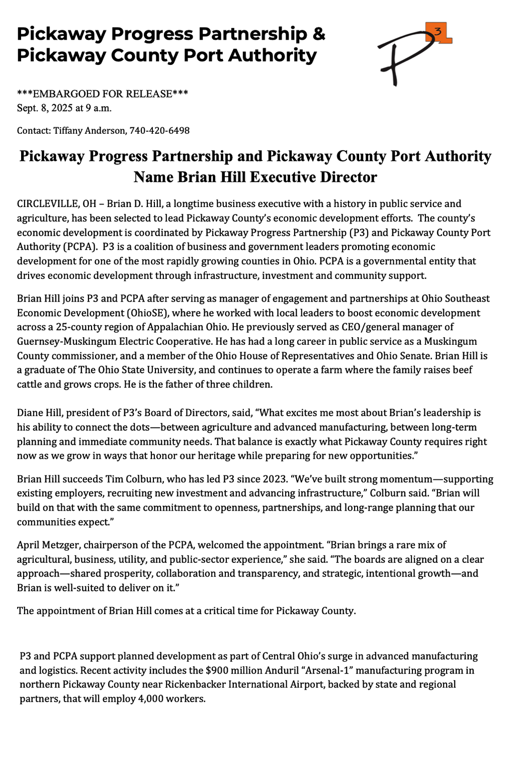P3 and PCPA name Brian Hill Executive Director