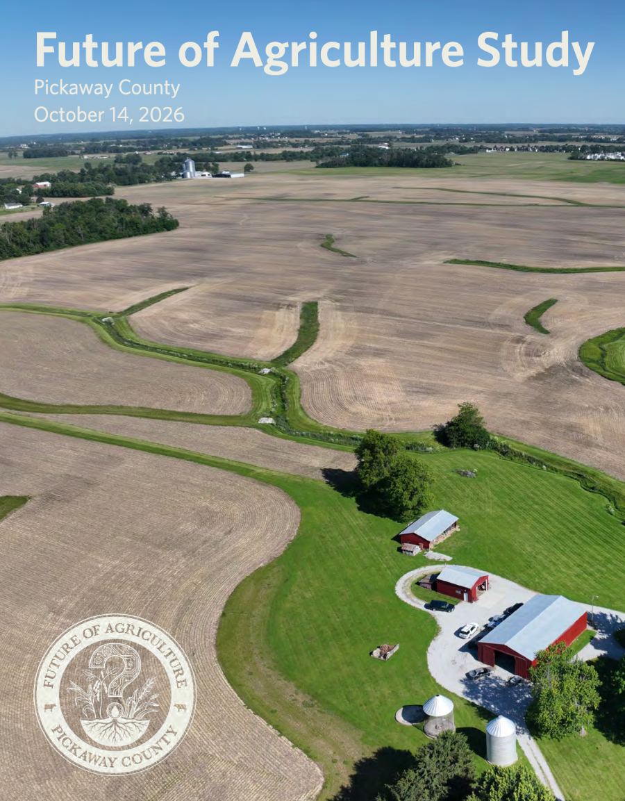 Cover of the Future of Agriculture Study, Pickaway County, October 14, 2026: aerial view of farm fields, a grassed waterway, and red barns