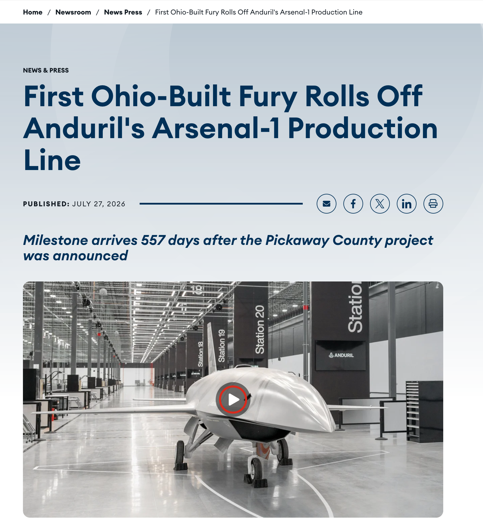 JobsOhio article: First Ohio-Built Fury Rolls Off Anduril's Arsenal-1 Production Line